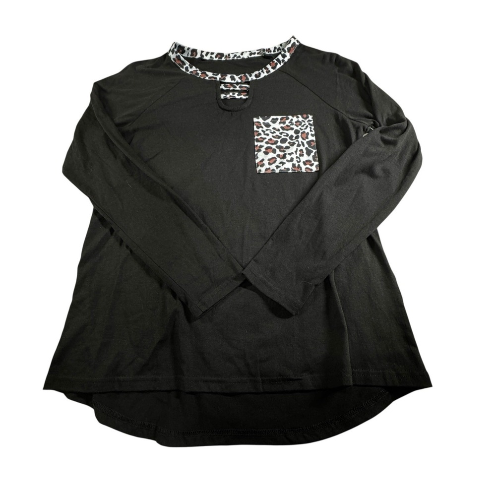 Unbranded Women's Black Long Sleeve Top‎ Size Medium Leopard Print Trim & Pocket